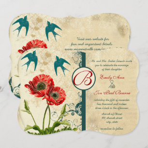 Invitation Vintage Lovebirds de dentelle Damask Red Poppy Mar