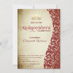 Invitation Vintage luxe rouge damassé or tiara Quinceañera