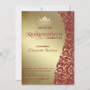 Invitation Vintage luxe rouge damassé or tiara Quinceañera