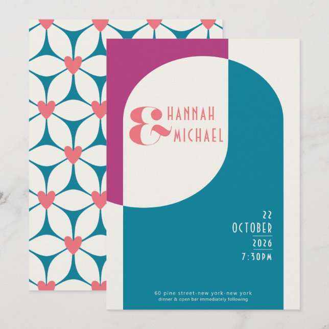 Invitation vintage Magenta Turquoise (Devant / Derrière)