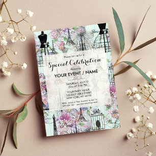 Invitation Vintage mannequin de la Tour Eiffel collage floral