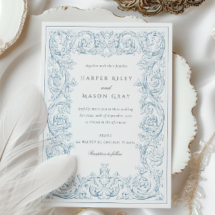 Invitation Vintage Mariage bleu foncé