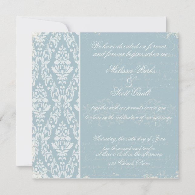 Invitation Vintage mariage damassé Blue (Devant)