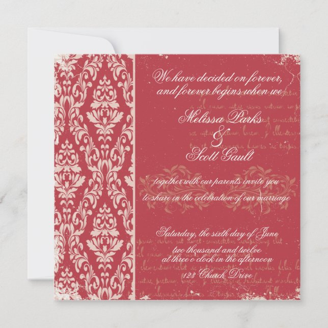 Invitation Vintage mariage damassé Rouge (Devant)