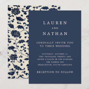 Invitation Vintage Mariage Floral Marine et Crème