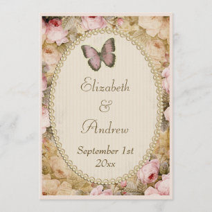 Invitation Vintage Mariage Rose Papillon, Notes musicales