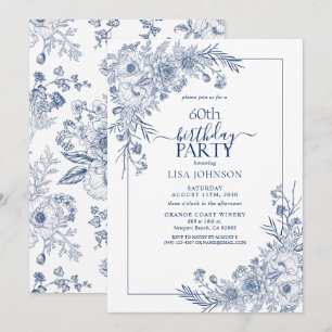 Invitation Vintage Marine Blue Floral Line Art 60e anniversai