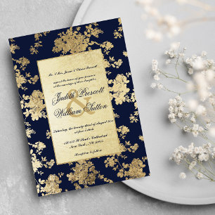 Invitation Vintage Marine Blue Gold Floral Mariage Invi