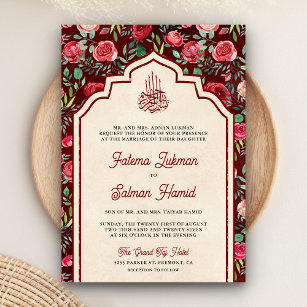 Invitation Vintage Maroon Rouge Roses Floral Musulman Mariage