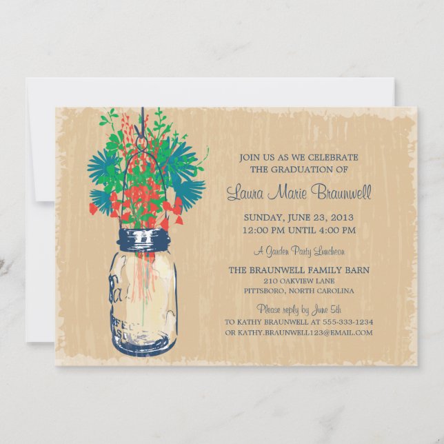 Invitation Vintage Mason Jar et Fleur sauvage Graduation (Devant)
