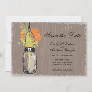 Invitation Vintage Mason Jar et Fleurs sauvages Enregistrer l