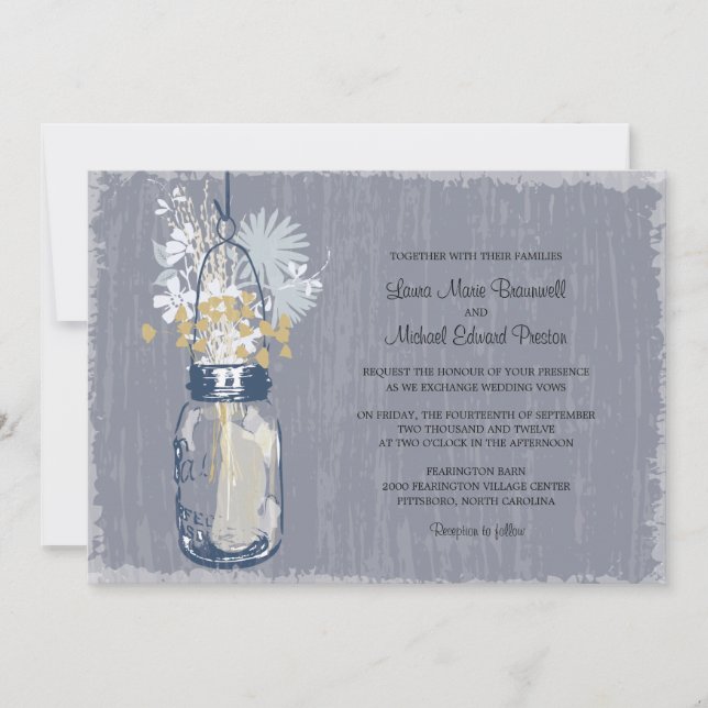 Invitation Vintage Mason Jar et Mariage Fleur sauvage (Devant)
