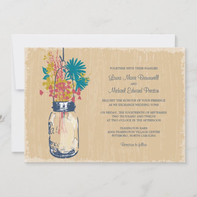Invitation Vintage Mason Jar et Mariage Fleur sauvage (Devant)