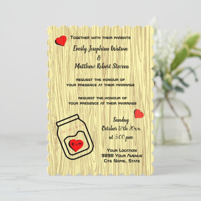 Invitation Vintage mason jar wood grain theme wedding  (Debout devant)