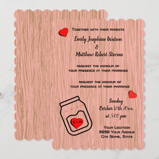 Invitation Vintage mason jar wood grain theme wedding  (Devant / Derrière)