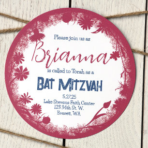 Invitation Vintage Mauve rose, bleu marine Bat mitzvah rustiq