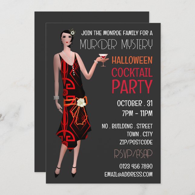Invitation Vintage Meurtre Mystère Halloween Cocktail Party (Devant / Derrière)