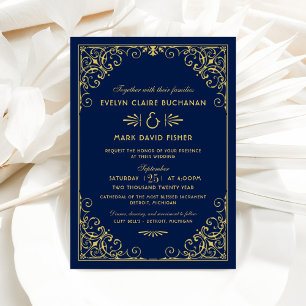Invitation Vintage Midnight Blue and Gold Art Deco Mariage