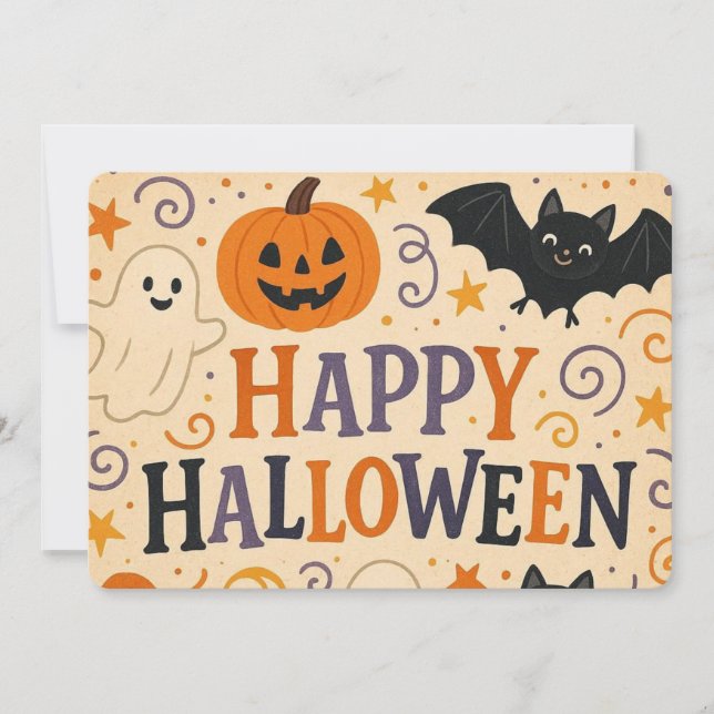 Invitation Vintage, mignon blanc Happy Halloween (Devant)