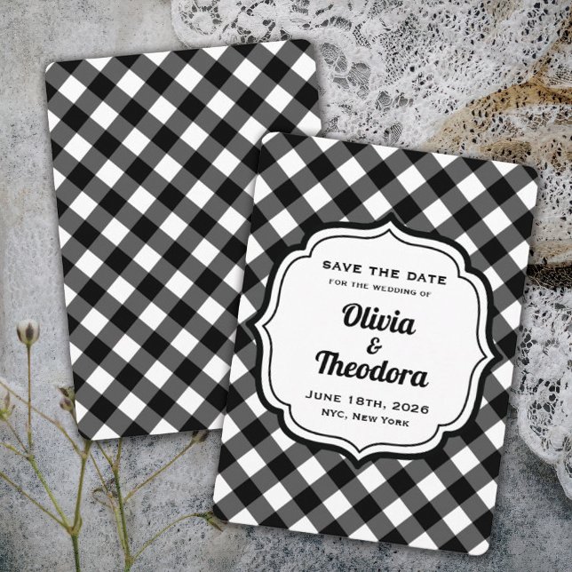 Invitation Vintage Modern Gingham Save the Date Cards (vintage modern elegant black and white gingham check wedding save the date)