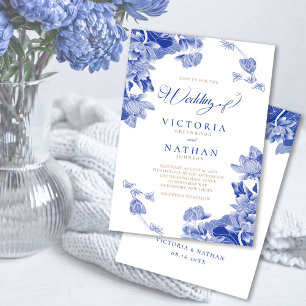 Invitation Vintage Moderne Blue Chinoiserie Floral Mariage