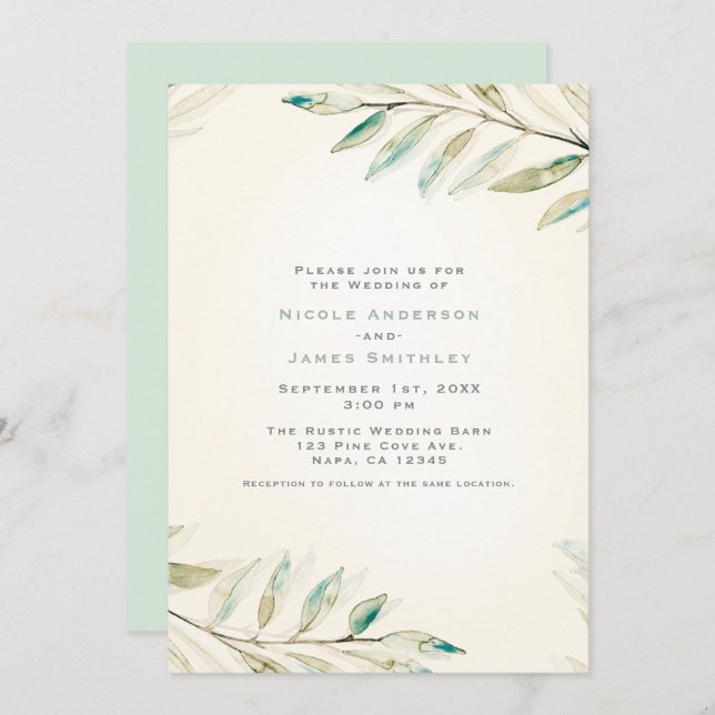 Invitation Vintage Moderne Vert Eucalyptus Feuille Mariage (Devant / Derrière)