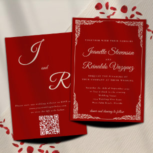Invitation Vintage Monochromatique Ruby Red QR Code Mariage