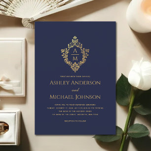 Invitation Vintage Monogram Crest Marine Blue Faux Gold Maria