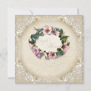 Invitation Vintage Monogramme dentelle rose sauvage tourbillo