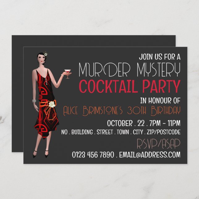 Invitation Vintage Murder Mystery Cocktail Party, Anniversair (Devant / Derrière)