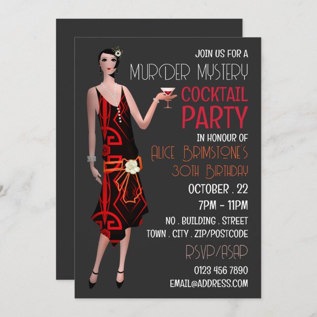Invitation Vintage Murder Mystery Cocktail Party, Anniversair (Devant / Derrière)