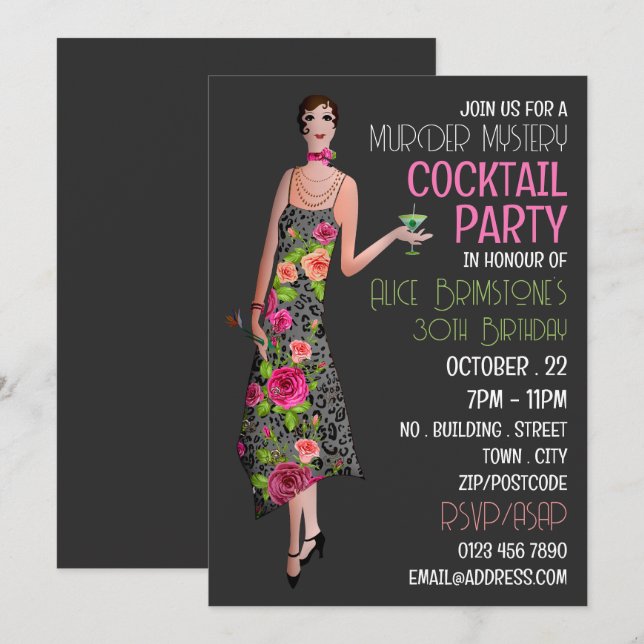 Invitation Vintage Murder Mystery Cocktail Party, Anniversair (Devant / Derrière)