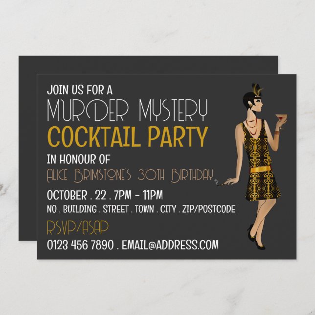 Invitation Vintage Murder Mystery Cocktail Party, Anniversair (Devant / Derrière)