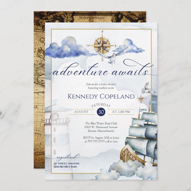 Invitation Vintage Nautical Sailing Adventure Boy Baby shower (Devant / Derrière)