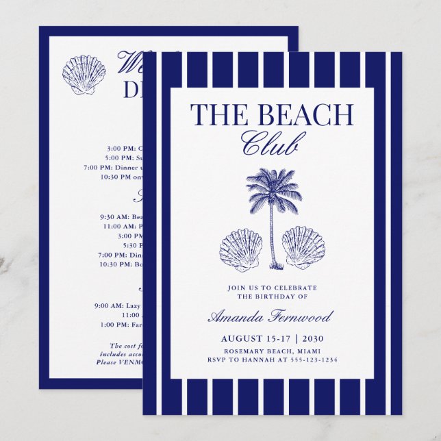 Invitation Vintage Navy Beach Club Birthday Weekend (Devant / Derrière)