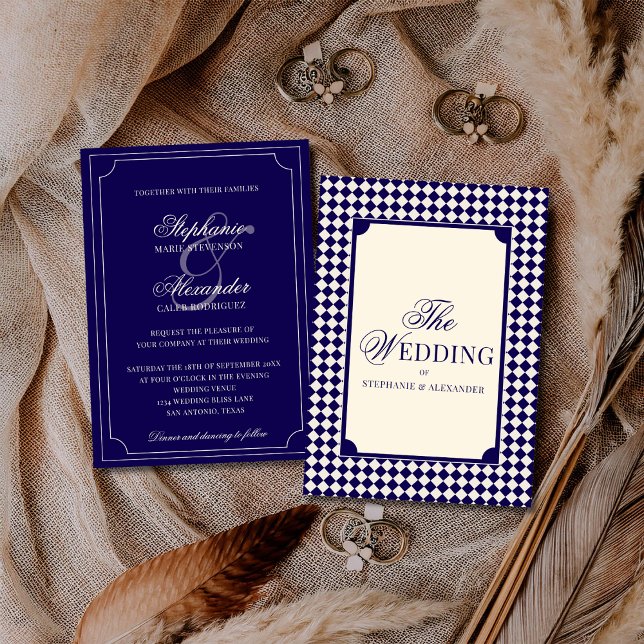 Invitation Vintage Navy Blue Checkered Old Money Wedding (Créateur téléchargé)