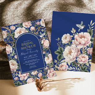 Invitation Vintage Navy Blush Chinoiserie Peony Fête des mari