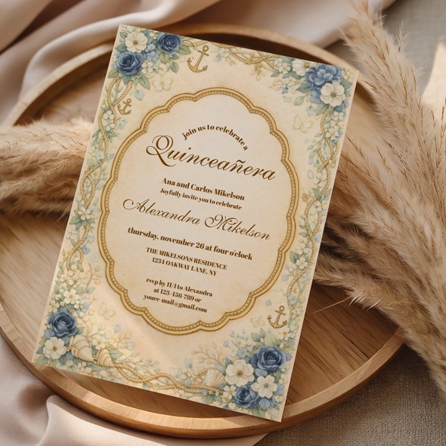 Invitation Vintage Navy Coastal Quinceañera (Créateur téléchargé)