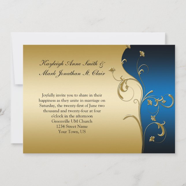 Invitation Vintage Navy et Gold Floral Mariage (Devant)