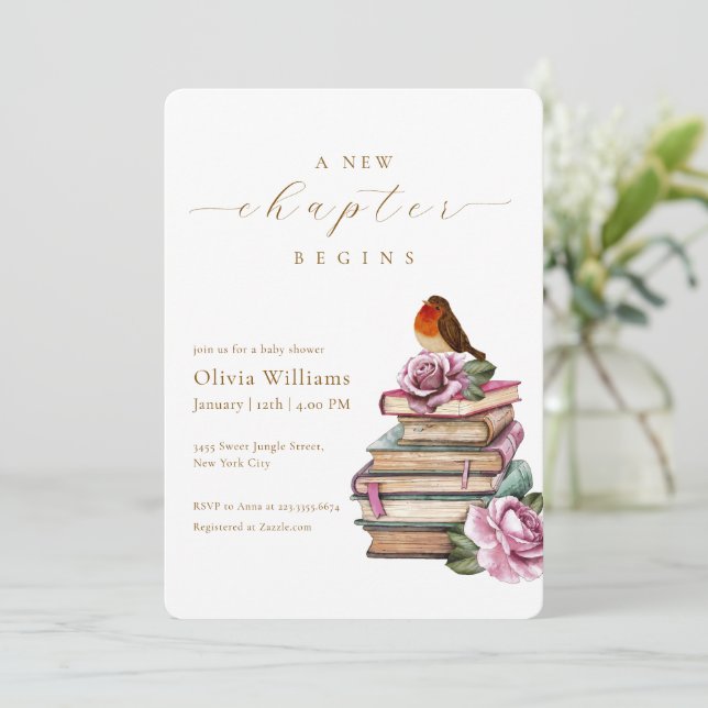 Invitation Vintage New Chapter Flower Bird Baby Shower   (Debout devant)