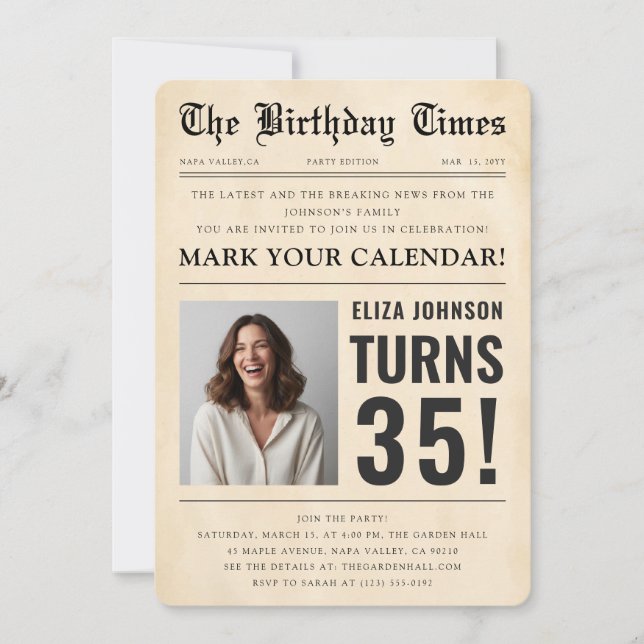 Invitation Vintage Newspaper Custom Photo 35th Birthday Party (Devant)