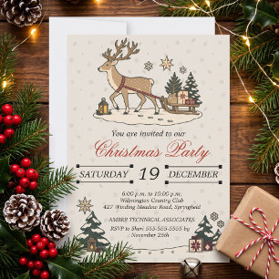 Invitation Vintage Noël Cerf Traîneau Fête Nordique