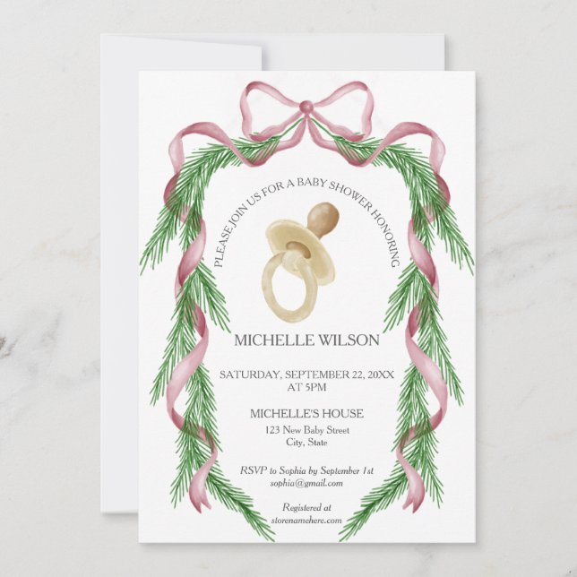 Invitation Vintage Noël hiver verdure Bow rose (Devant)