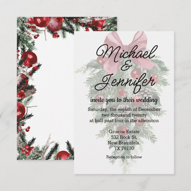 Invitation vintage noël verdure ornements mariage (Devant / Derrière)