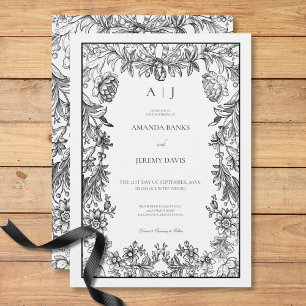 Invitation Vintage noir et blanc Mariage de monogramme floral