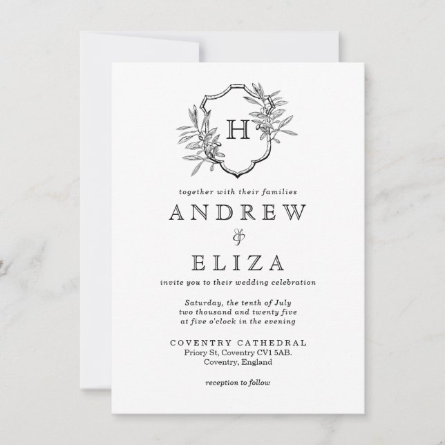 Invitation Vintage noir et blanc Monogramme Olives Mariage (Devant)