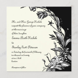 Invitation Vintage noir fleurs blanches ivoire fleurie mariag