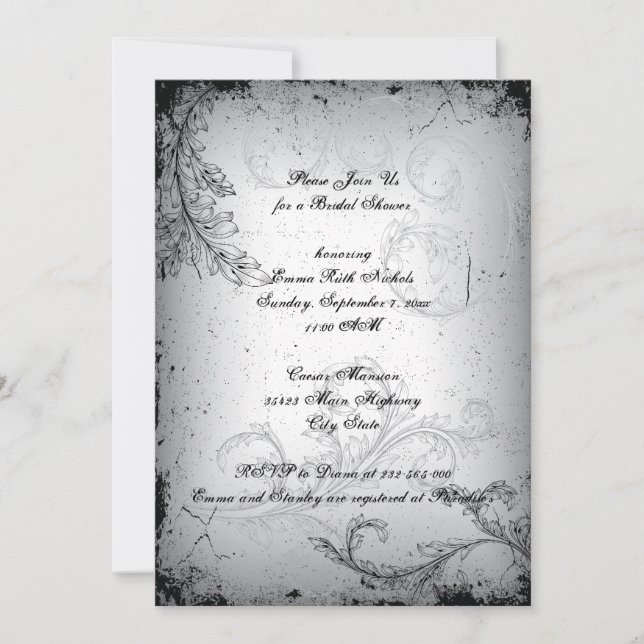 Invitation Vintage noir gris feuillet douche nuptiale (Devant)