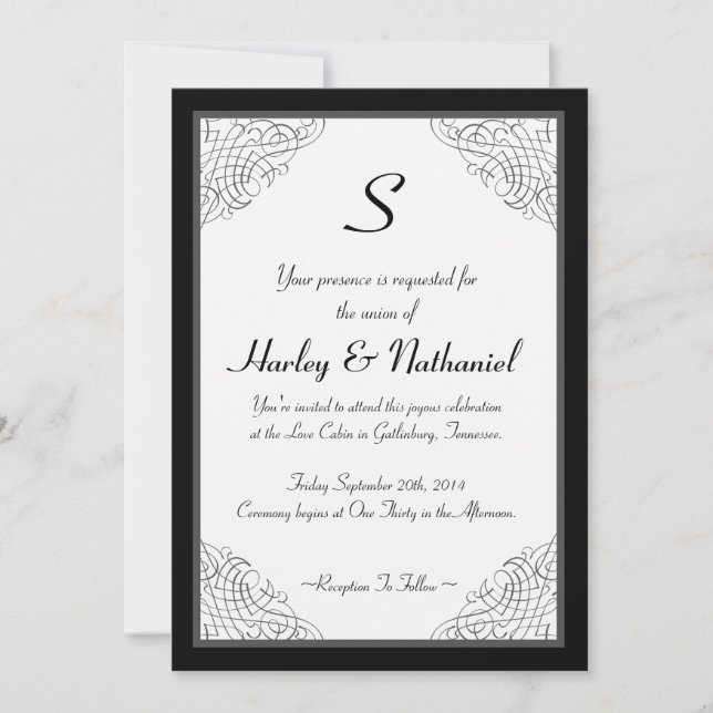 Invitation Vintage noir monogramme encadré (Devant)
