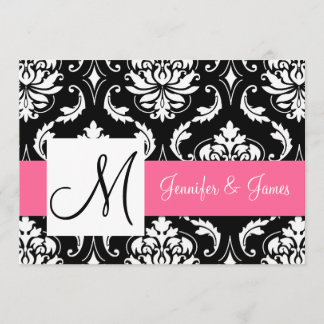 Invitation Vintage noir rose Damas Mariage initial